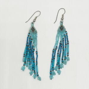 Vintage Blue Beaded Multi Strand Dangle Earrings Pierced